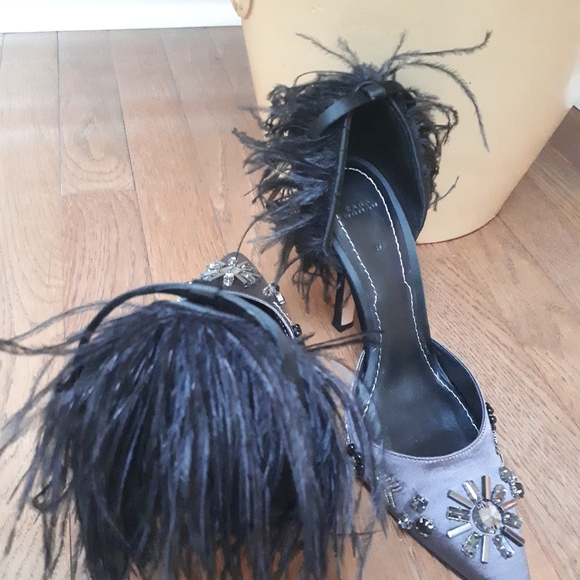 New Zara satin jewelled crystal embroidered feathered high heel shoes - Picture 5 of 6